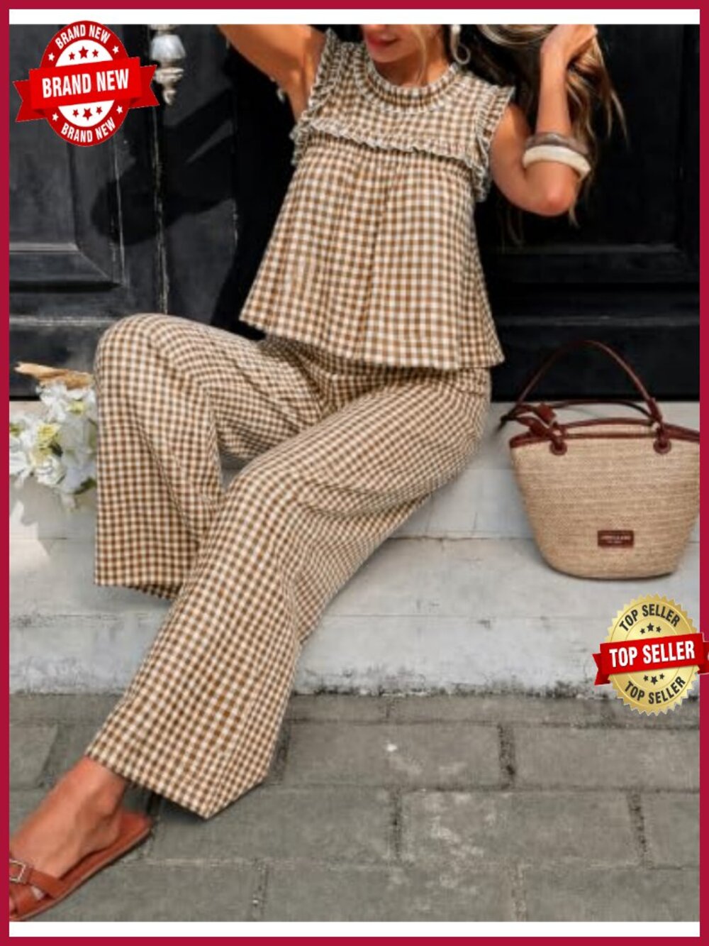 Women's 2 Piece Plaid Sets Sleeveless Peplum Top Wide Leg Pants Matching Lounge - Picture 2 of 5